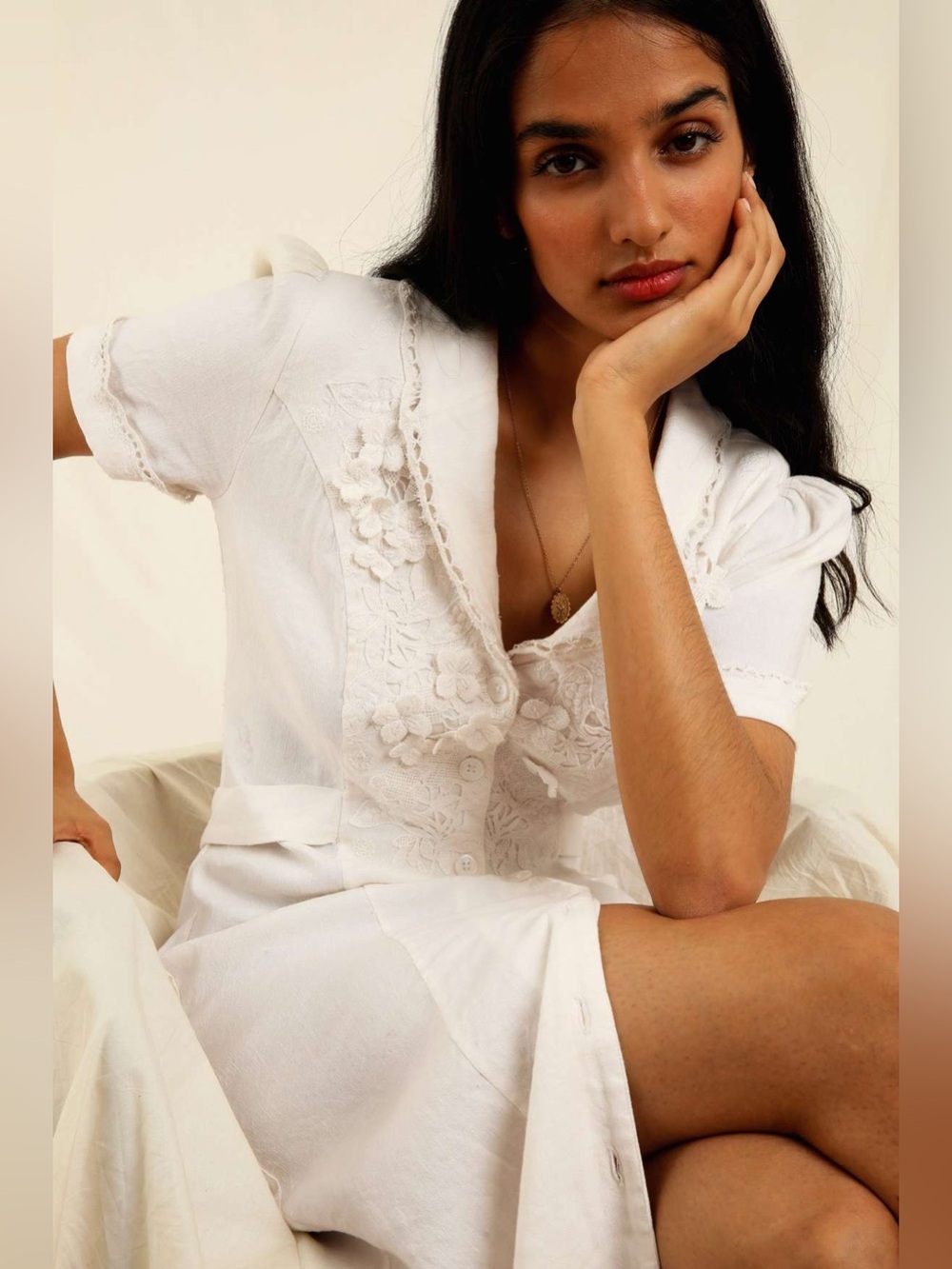 NWT Rouje Paris Marin Embroidered Floral Button Collar Linen Midi Dress White